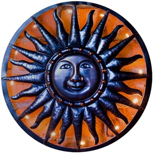 M&H Solar Sun Metal Wall Art 40cm Bronze Solar-Powered Garden Wall Light Waterproof Sun Outdoor Decoration LED Solar Pathway Light Rust-Proof Metal Wall Art for Patio Yard Fence, Garden Ornaments