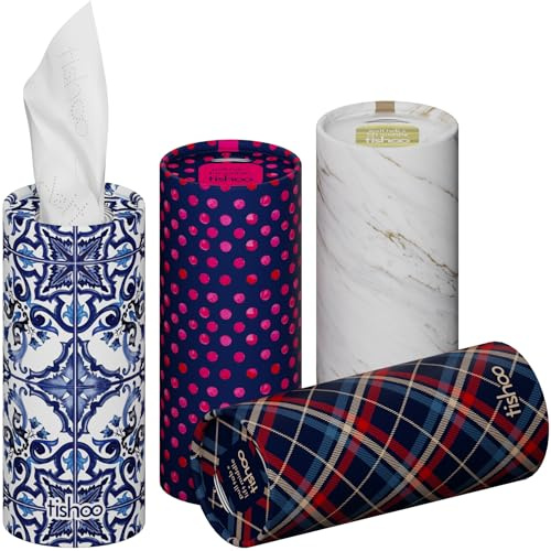 tishoo Pañuelos de papel tishoo de 4 capas con ácido hialurónico de ultra lujo | Para portavasos de coche, hogar y viajes | 4 tubos x 40 hojas | Mixed/Marylebone