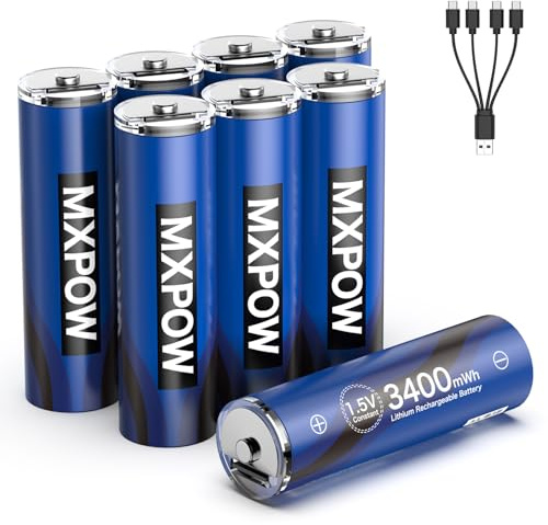 MXPOW 8 x AA Akku wiederaufladbar Lithium, 1,5V 3400mWh, USB-C, 4 in 1 | Schnellladung, 4 in 1 Ladekabel, Vorgeladen, Geringe Selbstentladung, für Fernbedienungen, Wanduhren