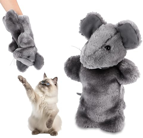 Lyreh Guante Lucha Gatos, Forma Ratón Juguete Interactivo Gatos con Almohadilla Protectora Peluche Marioneta Mano para Mascotas Gatitos Juego Seguro en Interiores Entrenamiento Regalo (Gris)