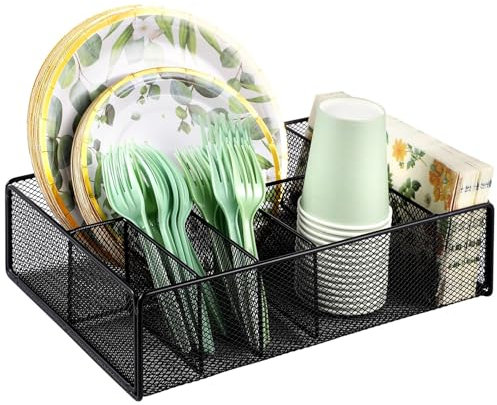 Organiseur d'ustensiles en métal pour comptoir de cuisine, support d'assiettes en carton avec rangement pour cuillères, fourchettes, assiettes, serviettes, tasses – Idéal pour les fêtes, le camping et