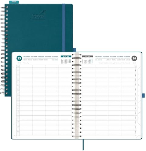 BEZEND Kalender 2026 Tagesplaner A4 Ringbuch, 1 Tag 1 Seite mit 4 Spalten - 15 Min Takt Terminplaner (Jan - Dez 2026), Wochenzeit- & Monatsplan, PU-Leder Softcover mit Froschtasche, Dunkelgrün