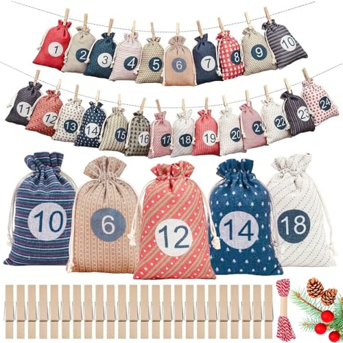 Adventskalender zum Selber Befüllen, 24 Stück Countdown Weihnachtskalender 2025 Jutesäckchen Selbstbefüllen Aufhängen, Weihnachtsdeko Säckchen Tüten DIY Adventskalender Basteln (Rustikales Retro)