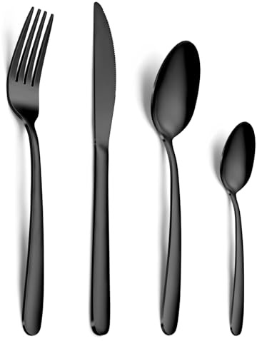 Hunnycook 16-Piece Black Cutlery Sets- Stainless Steel Cutlery Sets for 4 People, Mirror Polished Black Forks Knives and Spoons Set, Tableware Set for Home Kitchen, Parties & Gifts Dishwasher Safe