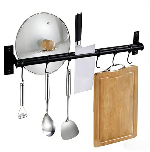 Wsetyy Kitchen Utensil Rack Stainless Steel, 40CM Utensil Rail with 6 Movable Hooks, Pot Pan Hanger Rack, Self Adhesive or Drill (Black)