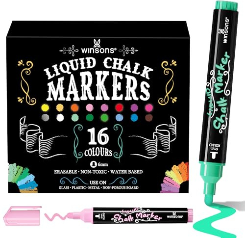 WINSONS Whiteboard Pens, Chalk Pens for Blackboards, 6mm Bold-Tip, 16 Vibrant Colours, Eraserble Pens for Chalk Board, Window, Bistro Boards, Art Menu Board