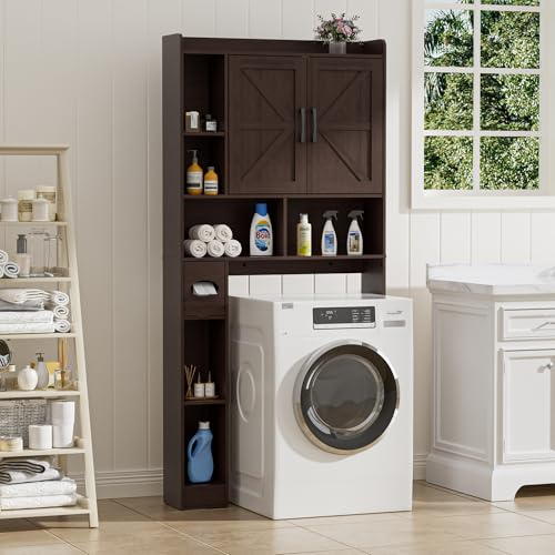 BonVache Waschmaschinenschrank mit 2 Türen, Verstellbare Ablagen, Waschmaschinenregal mit Seitenfach für Papierhandtuch und 6 offene Fächer, für Badezimmer, Toilette und Waschküche, Dunkelbraun