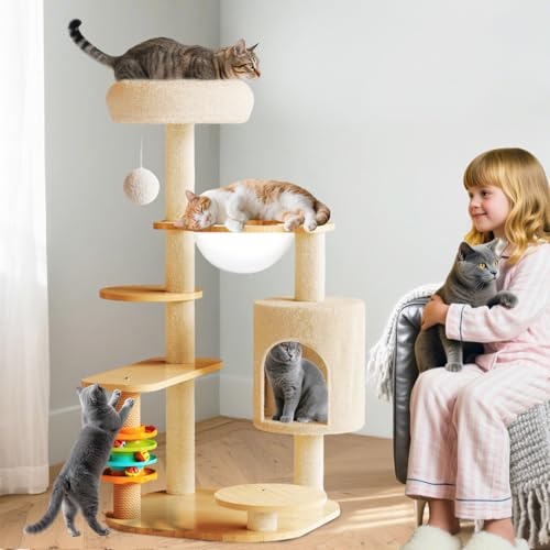 PETCUTE Árbol de Madera para Gatos Grandes,Torre de Gato con Poste Rascador,Condominios y Nido de Cápsulas,Pelota de Juguete,Estilo Moderno para Gatos de Interior