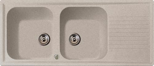 Lavello cucina Provenza avena 116 x 50 cm 2 vasche piletta automatica e gocciolatoio Made in Italy