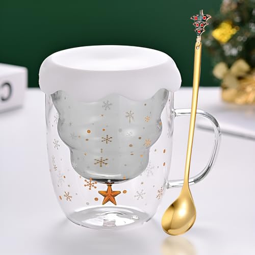 Syfunlv Grinch Tasse de Noël en verre à double paroi avec couvercle et cuillère, tasse à expresso, café, thé, lait, sapin de Noël, style 13