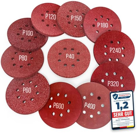 MeyMel 105 stycken premium slippapper 125 mm med förstärkt kardborreband slipskivor set P40, P60, P80, P100, P120, P150, P180, P240, P320, P400, P600 | För excenter- och vinkelslip med kardborreband