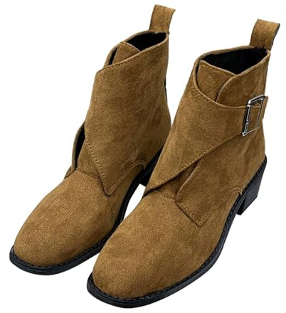Maskjuwio Botines para mujer de ante con puntiagudo - Botas de invierno cálidas cómodas y planas, botas de caña corta, elegantes y ligeras, con hebillas, elegantes botines de invierno, marrón, 41 EU