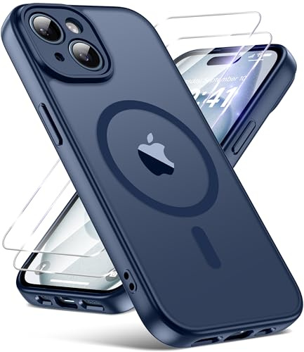 FLLAO Magnetic for iPhone 15 Case with 2 HD Screen Protector, Blue | 2 Tempered Glass, Full Camera Protection, Military-Grade Shockproof, Slim Translucent Matte Hard Back Bumper Phone Cover