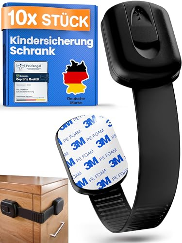 ADLERSFELD® 10x Kindersicherung Schrank - (Mit 3M Kleber) Schranksicherung Baby - Längenverstellbare Schubladensicherung Baby für Schränke, Kühlschrank, Tür - Kindersicherung Schubladen Kinder Schwarz