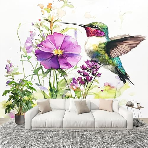 Muralo Carta da Parati 3D in Tessuto Non Tessuto 250x175cm Animali Acquerello Colibrì Fiori Carta da Parati Poster Multicolore per Casa Ufficio Camera Da Letto Gabinetto Soggiorno