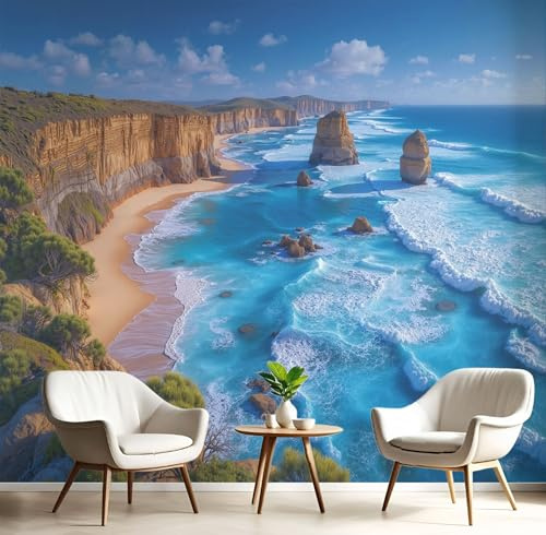 Papel Pintado De Papel No Tejido, Naturalmente Las Olas Océano 98×70cm Fotomurales Moderna Decorativos Murales, Acantilados Playas Papel Tapiz Azul FotográFico fondo Para Sala