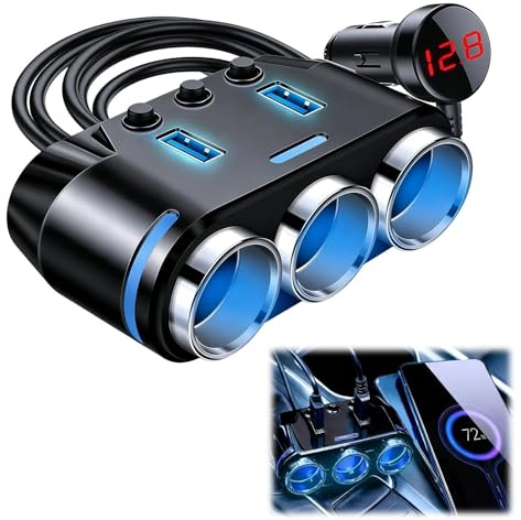 150W Car Cigarette Lighter Splitter with 3 Sockets Dual USB Charger | 150W High Power Output, 3 Socket Extension, Dual USB-A Ports, LED Voltage Display Fast Charging for 12V-24V Vehicle, Easy Use