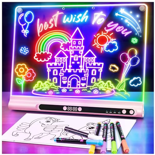 Ardoise Lumineuse LED Rechargeable 41 cm, Tablette Lumineuse Dessin, Tableau Lumineux Enfant Néon Effaçable, 9 Modes avec Minuteur & Support, Cadeau Enfant, 8 Feutres & Livre de Modèles, Rose