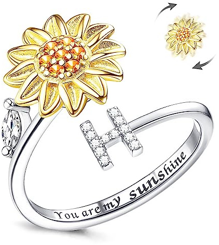 LucBuy Zappelringe für Damen, Silberner Buchstaben Sonnenblumen Spinner Fingerring, Verstellbare Größe Stapelbar Stressabbau Anti-Angst Ring, Innenseite mit ‘You Are My Sunshine’ Graviert Schmuck