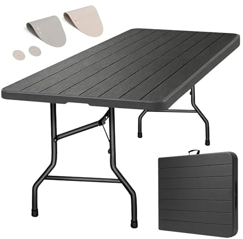 Eiryss Tavolo Pieghevole 180x74cm, Tavolo da Esterno per 8 Persone, Nero con Piano in Plastica Effetto Legno e Struttura in Ferro, 150 kg, 3 Blocchi Sicurezza, Tavolo da Buffet per Giardino Balcone