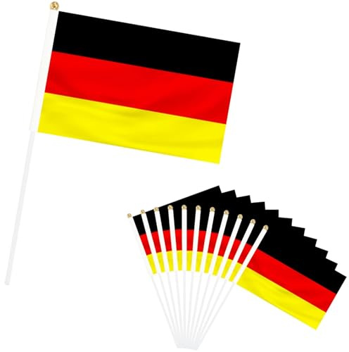 Bandera de Alemania de Mano (Pack de 20), 14x21cm Pequeñas Banderas Alemanas con Palo para Eventos Deportivos, Fútbol, Desfiles y Decoración de Fiestas Temáticas