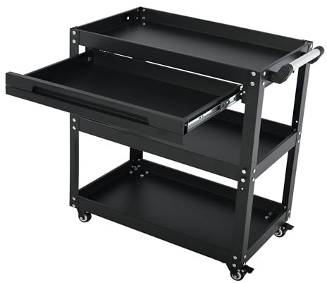 3-Tier Workshop Tool Trolley Cart with Drawer, Steel Garage Storage Cart, Black