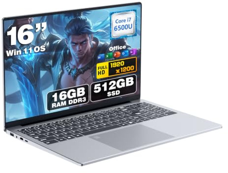 16 Ordenador Portátil Core i7 6500U (up 3.1GHz) Procesador, PC Portatil Win 11 16GB RAM 512GB SSD, Pantalla IPS Teclado Numérico Retroiluminado USB3.0 HDMI BT5.0 laptop para Multitarea y Movilidad