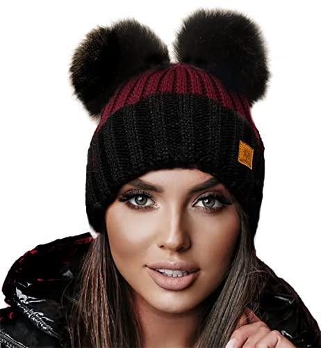4sold Miki vintermössa för damer och flickor, mössa i stickad ull med stor pompom, keps, skidåkning, snowboard, hattar, bobble, Rödbrun svart, en storlek