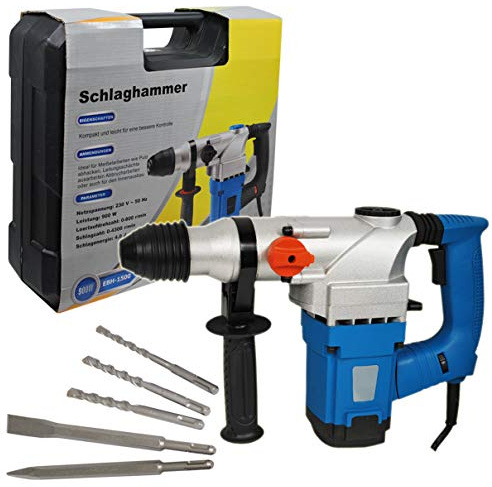 HELO 'EBH-1500' SDS-plus Schlagbohrmaschine 4 J Schlagkraft, 0-810U/min, 900W Motor, Anti-Vibration (AVS), Bohrhammer Set inkl. Tragekoffer, Spitzmeißel, Flachmeißel, 3x Betonbohrer (8, 10, 12 mm)