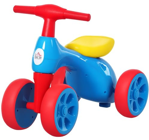 HOMCOM Bicicletta Equilibrio Senza Pedali Giochi con 4 Ruote per Bambini da 18-36 Mesi Blu e Rosso 57cm x 33.5cm x 42.5cm