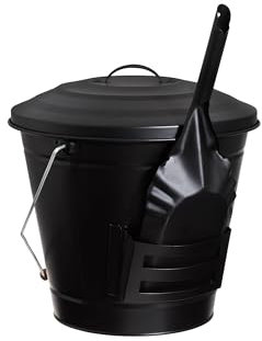 Grillpaul Ascheeimer 14 Liter mit Deckel, Tragebügel mit Holzgriff und Ascheschaufel mit Halterung, schwarz