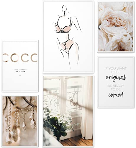 Papierschmiede® Set Mood Posters, Tableau Décoration Murale sans cadres « Coco Femelle » Bureau, Salon, Deco Chambre Parentale, Cuisine, 2x A3 et 4x A4, eucalyptus femme fleurs