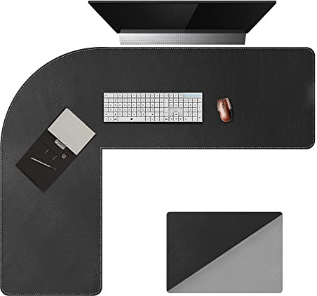 L-förmiger Schreibtisch PU-Leder Mauspad, (125+125) x40CM Eckschreibtisch Schreibtischunterlage, Chihein Großer Doppelseitige wasserdichte Bürotisch Unterlage (Schwarz/Grau)
