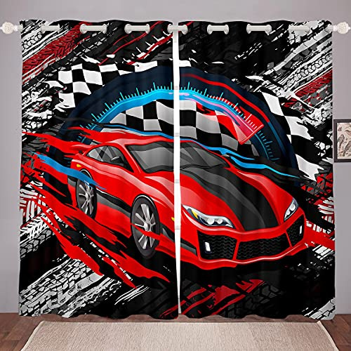 Loussiesd Auto Blickdichte Vorhänge Für Jungen Cooles Rennsportwagen Vorhänge für Kinder Kinder Extremsport Thema Fenstervorhang 137x117cm Modern Rot Automobil Zimmer Dekor