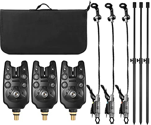 Doorslay Angel-Bissanzeiger-Set, Angel-Bissanzeiger-Set, 3 kabellose LED-Alarmanlagen, verstellbare Angel-Banksticks, 3 Angelschwinger mit gepolsterter Fisch-Werkzeugtasche