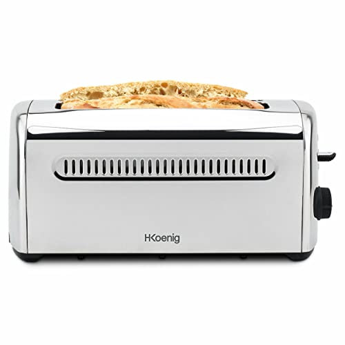 H.Koenig Grille Pain Toaster Spécial Baguette 2 Tranches TOAS32 Fentes larges 40mm Inox vintage, 7 Niveaux de brunissage, Décongélation, Rapide et uniforme, Pain, muffin, bagel, baguette, 1500W