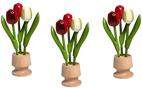 MomoMoments Holztulpen, Holzblumen, Holzdekoration, Holz-Kunstblumen, 3x3 Holztulpen, 15,5cm, handbemalt, Dekoration, Tischdeko, Rot/Weiß