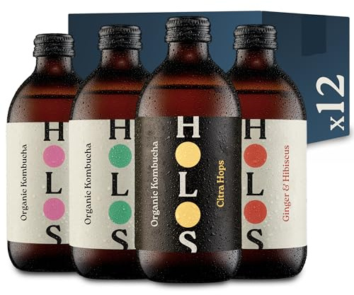HOLOS Kombucha Drink Mixed Case - Organic Kombucha Tea - Chilled, Unpasteurised Raw Kombucha - Vegan, All-Natural Ingredients - 12 x 330ml Kombucha Bottles