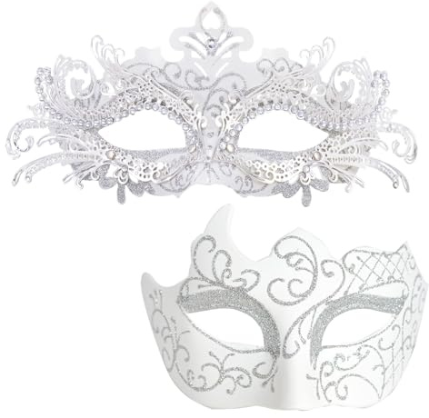 MYSEUNI Maskerade Masken für Paare – Glänzende Strass Metall Filigrane venezianische Maske & Herren Venezianische Maske für Karneval