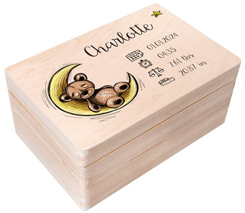 Creative Deco Erinnerungsbox Baby Personalisiert mit Namen 30 x 20 x 14 cm | Individuelle Erinnerungskiste Geschenk zur Geburt für Mädchen und Jungen | Holzkiste mit Deckel | Farbdruck