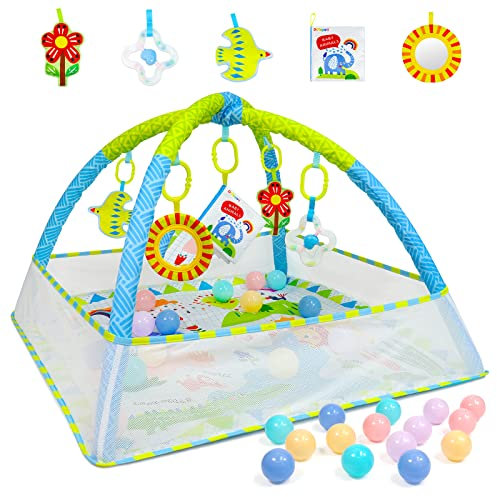 Dr.Rapeti Spieldecke mit Spielbogen, Spieldecke, Spieldecke mit Bällebad, Krabbeldecke mit Spielbogen, Padded Mat for Newborns, Mit abnehmbarem Spiegel, Stoffbuch, Spielzeug und Ball