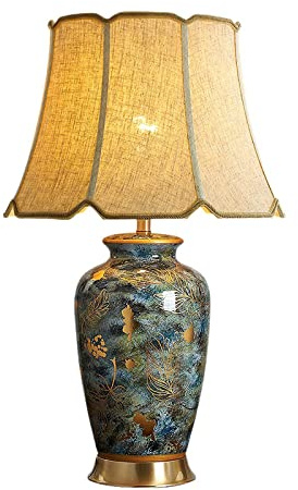 CEKUXPS Blue Hand-Painted Ceramic Table Lamp Gold Flower Beside Lamps American Halo Ceramic Lamp Body with Fabric lampshade Nightstand for Living Room Bedroom Home Office