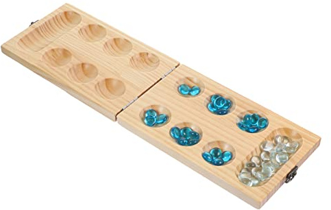 Foldable Wooden Mancala Board Game with 48 Glass Beads - Educational Strategy Toy for Kids and Adults, for Home Use