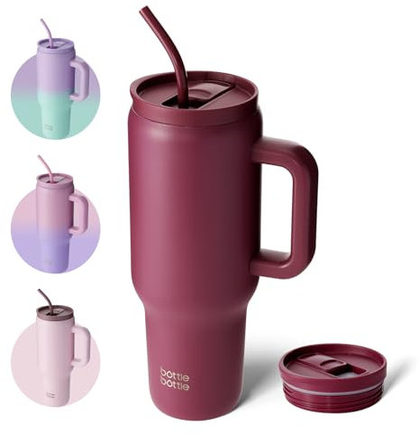 BOTTLE BOTTLE 40oz (1.2L) Kaffeebecher aus Edelstahl mit Griff & Strohhalm, BPA-frei, isolierter Thermobecher für Reise, Büro, Uni & Sport, Geschenkidee für Kaffee- und Teeliebhaber (Rot)