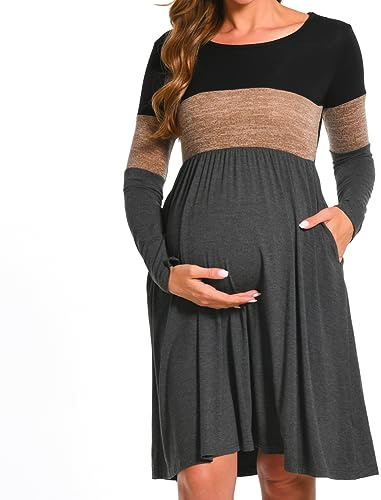 Bearsland Women’s Long Sleeve Maternity Dresses Patchwork Pregnancy Dress with Pocket, Brown, M