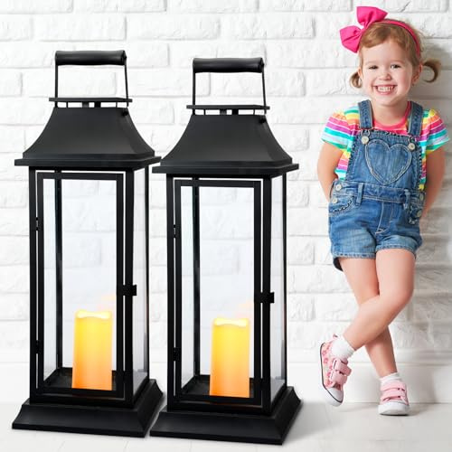 Mifoci Jumbo Black Metal Decorative Lanterns with Clear Glass Panel Hurricane Candle Lantern for Home Decor Party Event Tabletop Front Porch Wall Hanging Indoor Outdoor(2 Pcs,24'')