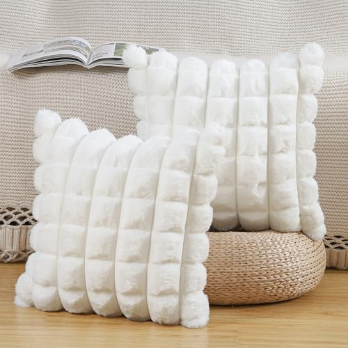 Madizz 2er Set Kunstpelz Plüsch Dekorative Kissenbezüge Gestreifte Weich Dekorative Kissenbezug für Sofa Schlafzimmer Kissen Shell Creme Weiß 40 x 40 cm