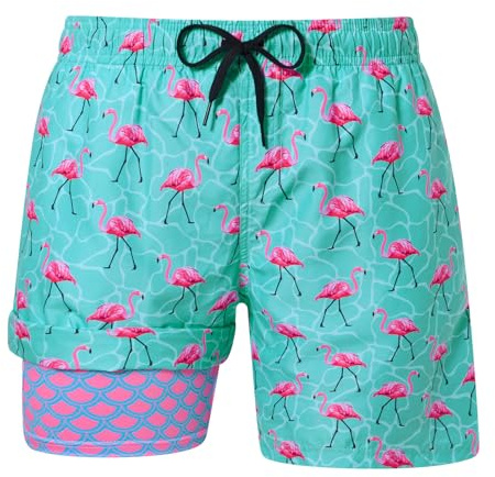 uideazone Mens Board Shorts Swimwear Pink Flamingo Swim Trunks with Compression Liner Boxer Brief Lined Swim Shorts Summer Beach Swimwear with Phone Pocket S
