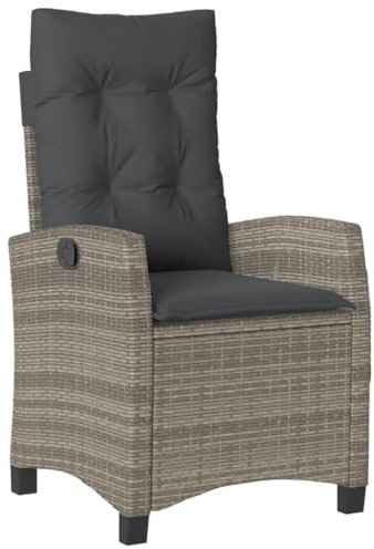 vidaXL Gartensessel mit Kissen, Gartenstuhl mit Verstellbarer Rückenlehne, Liegestuhl mit Stahlrahmen, Sessel Stuhl Relaxsessel, Grau Poly Rattan