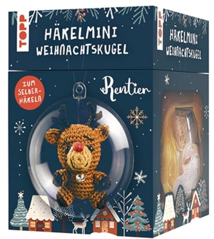 TOPP Häkelmini-Weihnachtskugel Häkelset Rentier: Anleitung, Garn (100% Baumwolle) in 5 Farben, Häkelnadel (1,5 mm), Kunststoffkugel (7 cm), Füllwatte, Perlen, Glöckchen, White